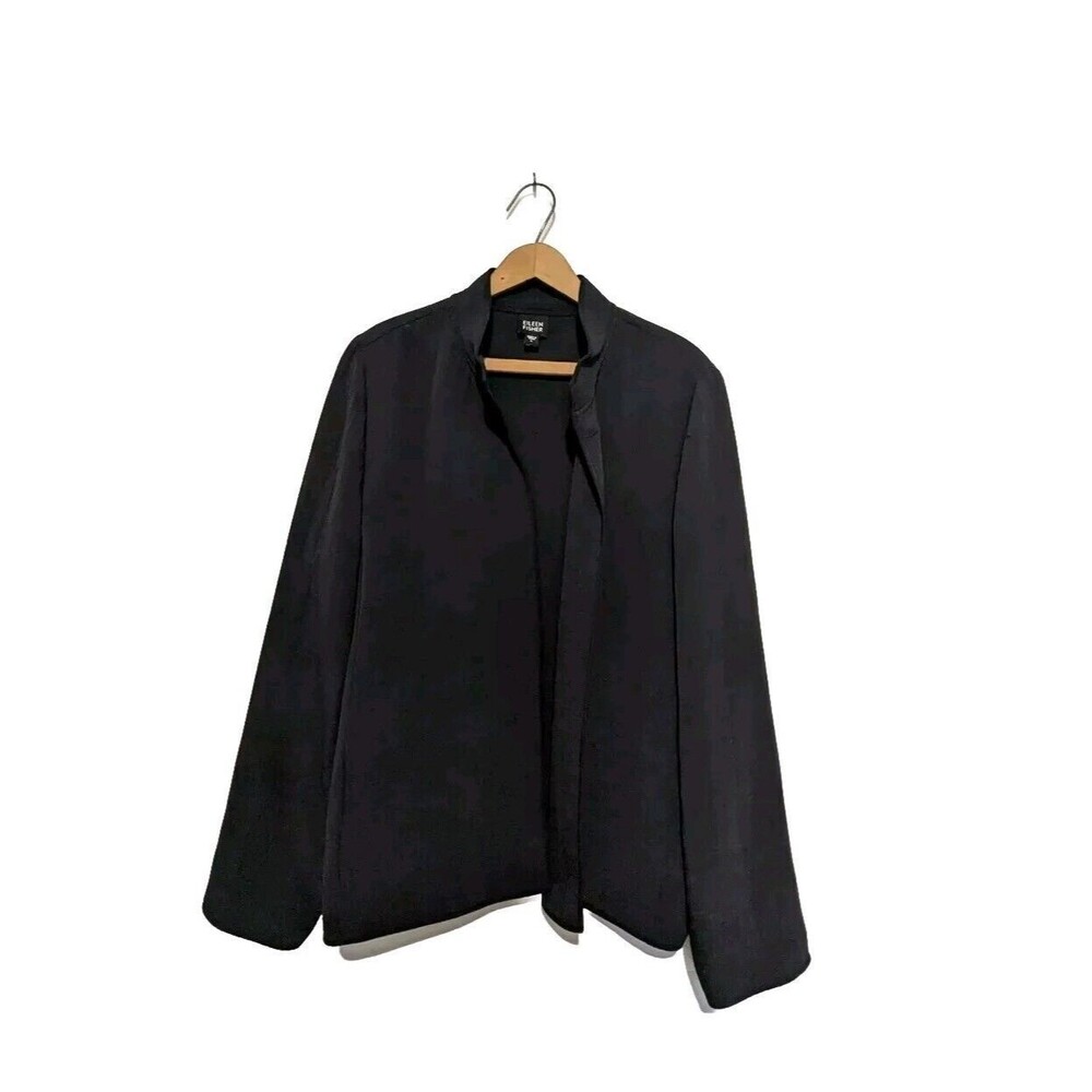 Eileen Fisher Silk Blend Textured Open Front Blazer Jacket Blue L Unstructured